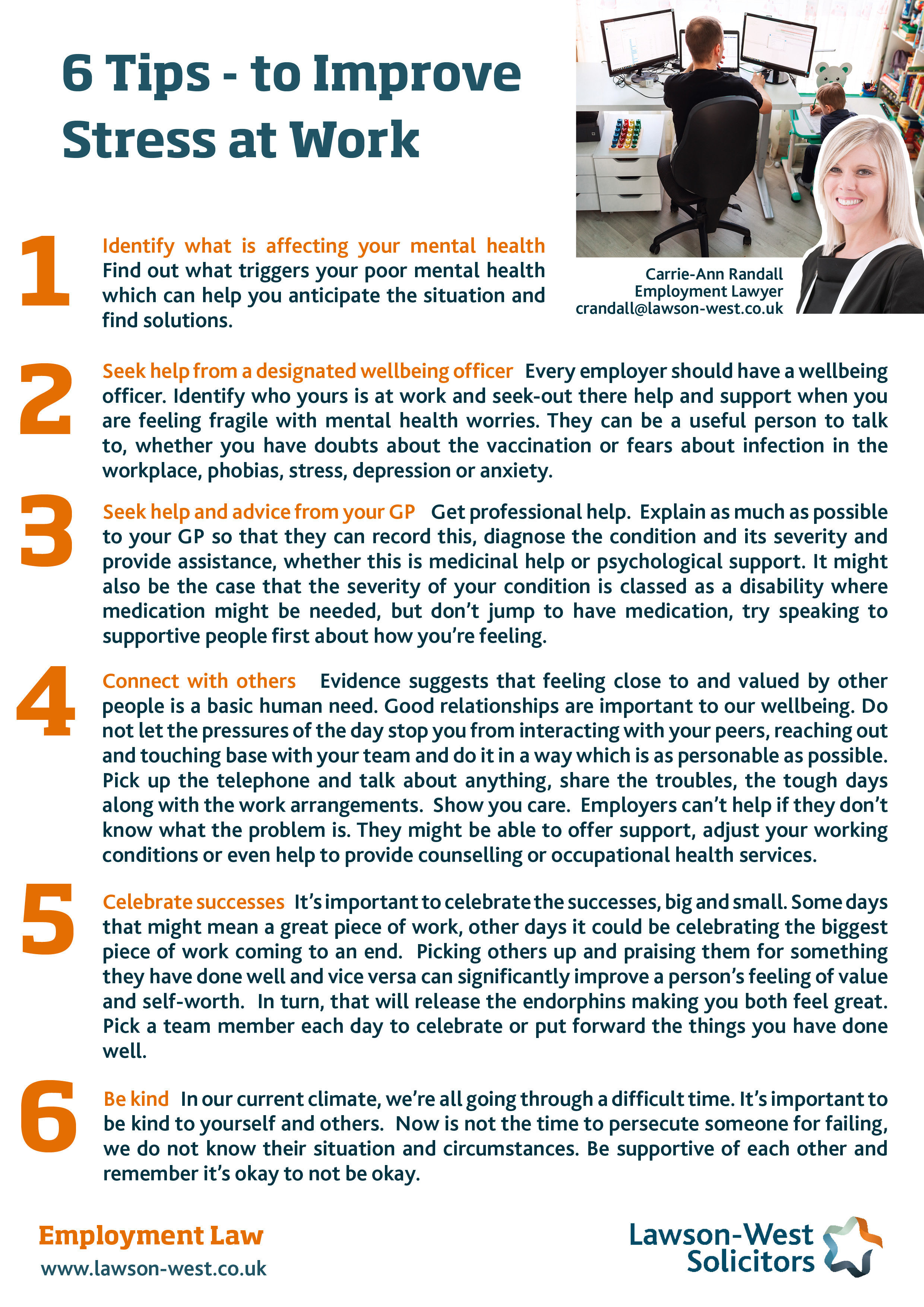 6 Steps to Manage Stress at Work in the Workplace, Leicester, Lawson-West Solicitors