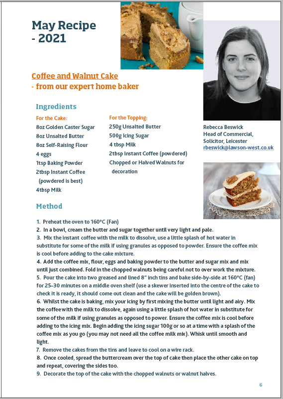 Rebecca Beswick Coffee and Walnut Cake Recipe May 2021